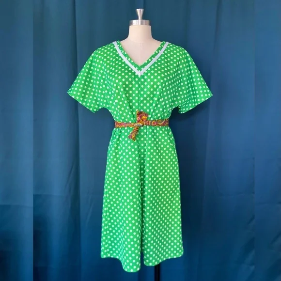 Vintage Dresses | Vintage 70s Lime Green Polka Dot Shift Dress | Color: Green | Size: L | Brownidevtg's Closet